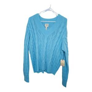 NEW St. John's Bay Women's V-Neck Cable Knit Sweater Aqua Blue (Size: Petite XL)
